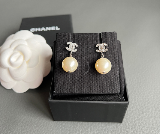CHANEL Crystal Pearl CC Drop Earrings Silver Pearly White